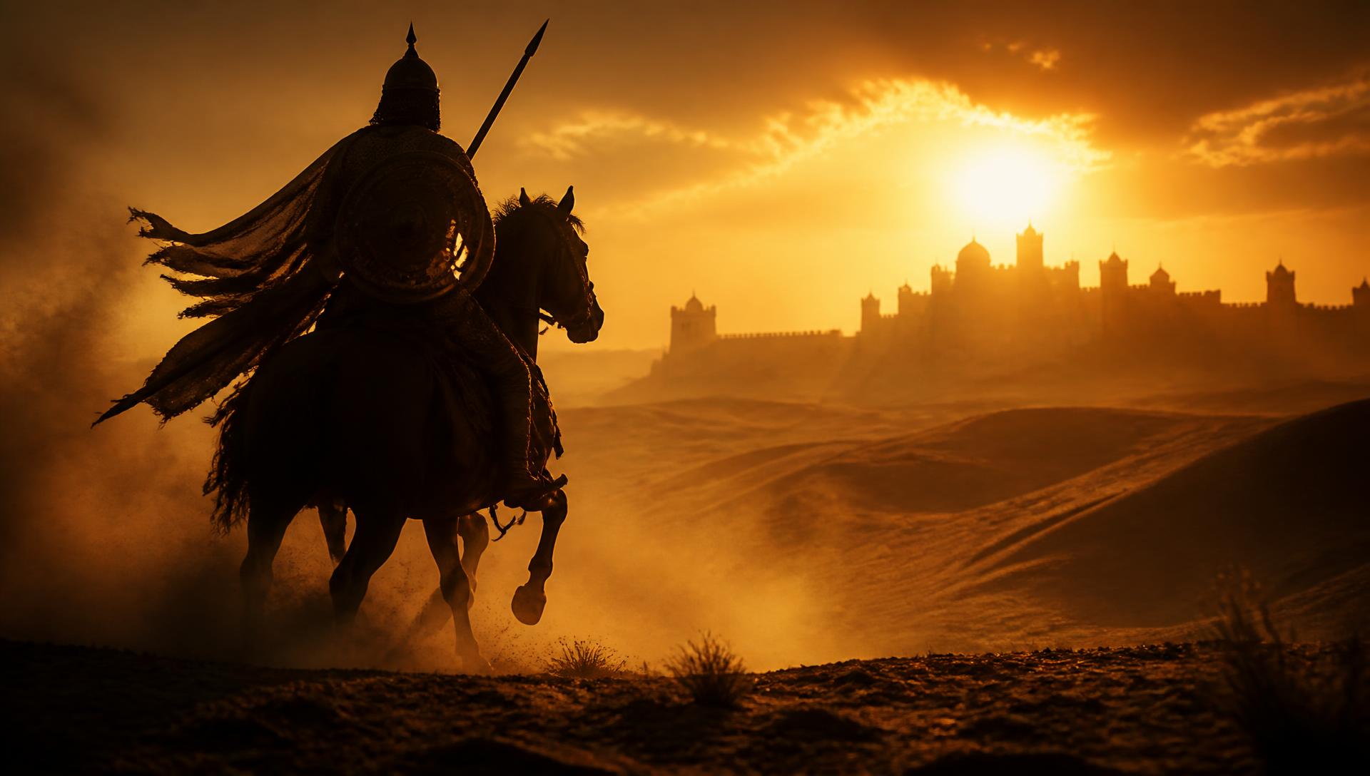 Cavaleiro medieval cavalgando pelas dunas ao pôr do sol