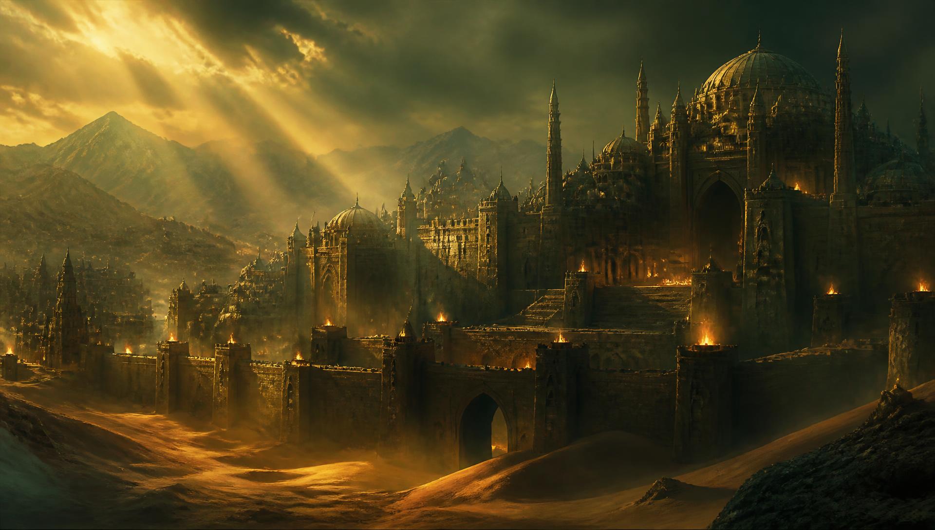 Fortaleza medieval do Oriente Médio ao entardecer