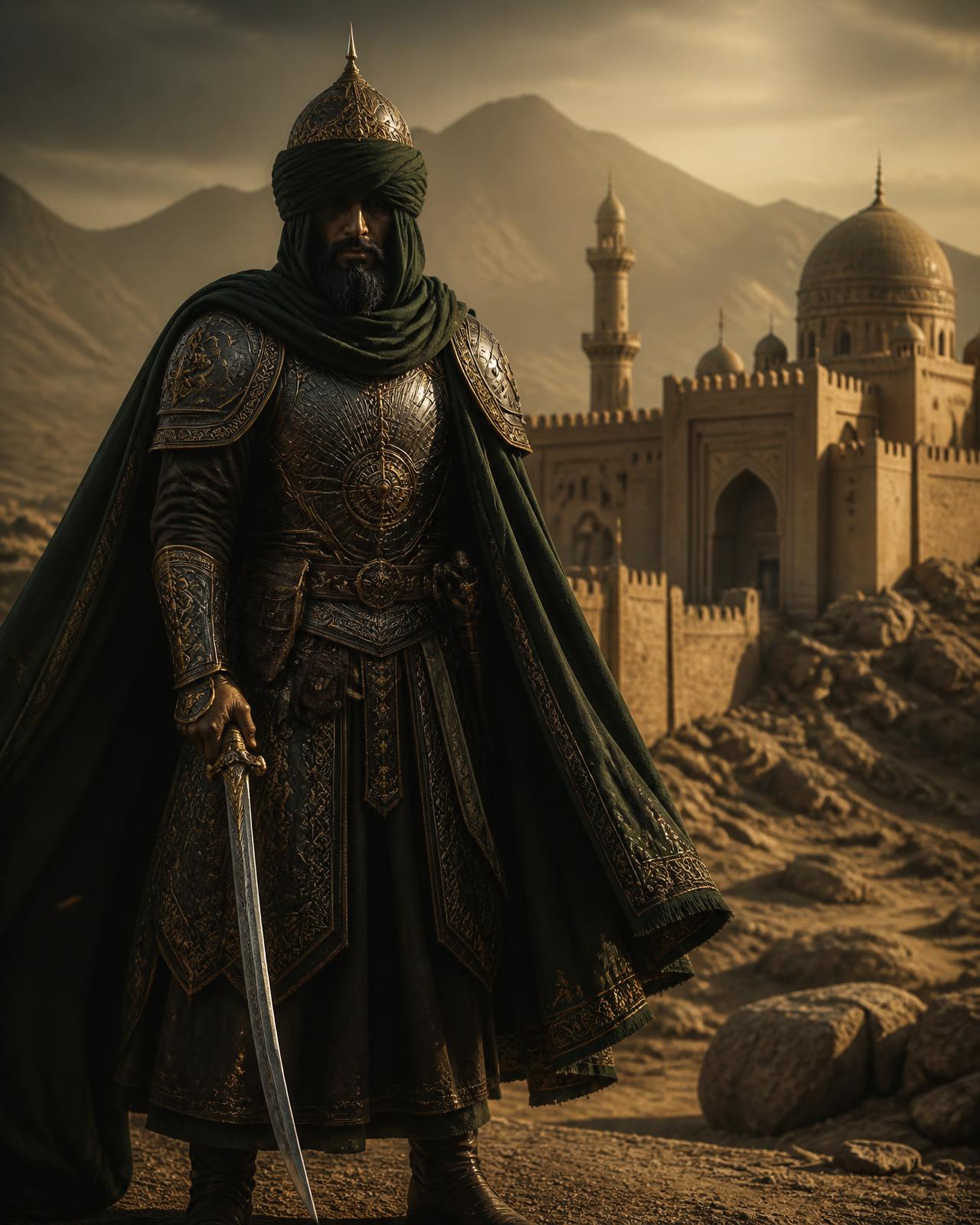 Líder guerreiro medieval inspirado em Saladino diante de uma fortaleza no deserto
